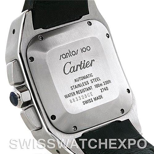 The image shows the back case of the Cartier Santos W20090X8 Men's Stainless Steel Silver Dial W20090X8 Men's Stainless Steel Silver Dial 100 watch, displaying its specifications and brand engraving.