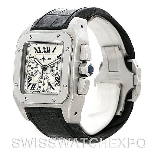 The Cartier Santos W20090X8 Men's Stainless Steel Silver Dial W20090X8 Men's Stainless Steel Silver Dial watch is shown from a left side angle, revealing the face, bezel, crown, pushers, and portion of the black strap.