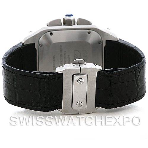 This image shows the back of a Santos model by Cartier, focusing on the clasp and leather strap.