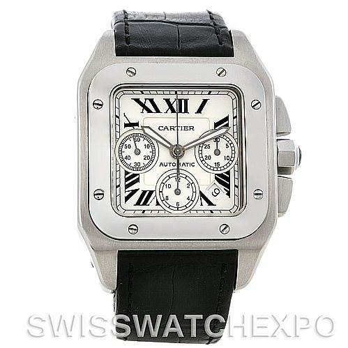 The image shows a front view of a Cartier Santos W20090X8 Men's Stainless Steel Silver Dial W20090X8 Men's Stainless Steel Silver Dial watch with a stainless steel case, black leather strap, and Roman numeral dial.