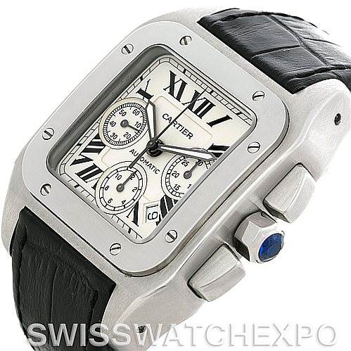 The image shows a Cartier Santos W20090X8 Men's Stainless Steel Silver Dial W20090X8 Men's Stainless Steel Silver Dial watch at an angled view, highlighting its rectangular bezel, black leather strap, and chronograph dials.