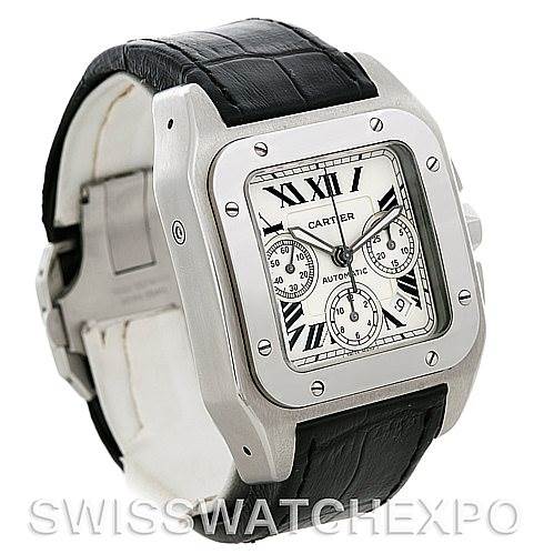 This image shows a Cartier Santos W20090X8 Men's Stainless Steel Silver Dial W20090X8 Men's Stainless Steel Silver Dial watch at an angled side view, displaying the face, bezel, crown, and leather strap.