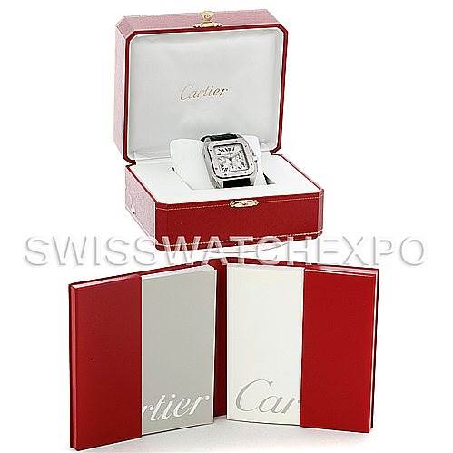 The Cartier Santos W20090X8 Men's Stainless Steel Silver Dial W20090X8 Men's Stainless Steel Silver Dial watch is shown front-facing in an open red box with additional packaging below.