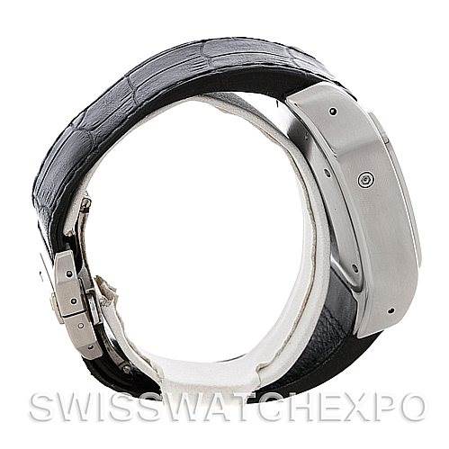 The image shows a side view of a Santos model watch by Cartier, highlighting its case and black leather strap.