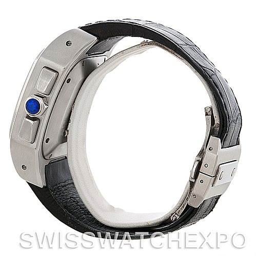 The image shows a side view of a Cartier Santos W20090X8 Men's Stainless Steel Silver Dial W20090X8 Men's Stainless Steel Silver Dial model watch, highlighting the crown, buttons, and strap clasp.