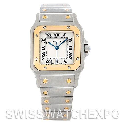 This image shows a front view of the Cartier Santos W20011C4 Men
s Stainless Steel Silver Dial W20011C4 Men
s Stainless Steel Silver Dial model watch, highlighting the face, bezel, and part of the bracelet.