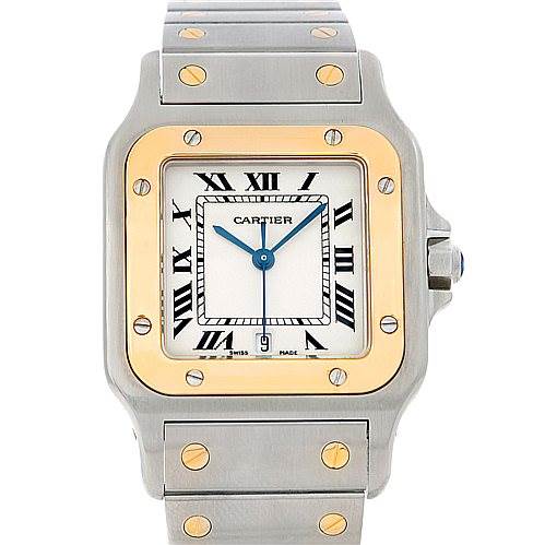 This image shows a frontal view of a Cartier Santos W20011C4 Men
s Stainless Steel Silver Dial W20011C4 Men
s Stainless Steel Silver Dial watch, highlighting its square dial, bezel, and metal bracelet.
