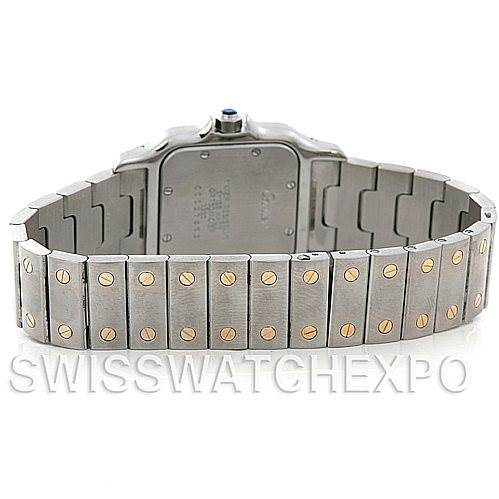 This image shows the back of the Santos model by Cartier, focusing on its bracelet and clasp with visible screws.