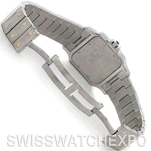 This image shows the back case and clasp of a Cartier Santos W20011C4 Men
s Stainless Steel Silver Dial W20011C4 Men
s Stainless Steel Silver Dial watch, highlighting the bracelet and deployment clasp.