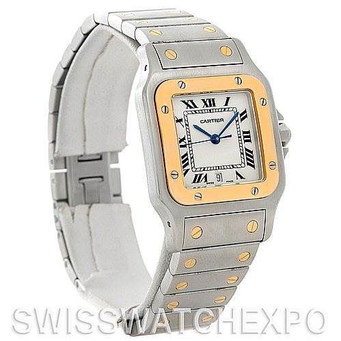 This image shows a Cartier Santos W20011C4 Men
s Stainless Steel Silver Dial W20011C4 Men
s Stainless Steel Silver Dial watch from a front angle, highlighting its face, bezel, bracelet, and clasp.