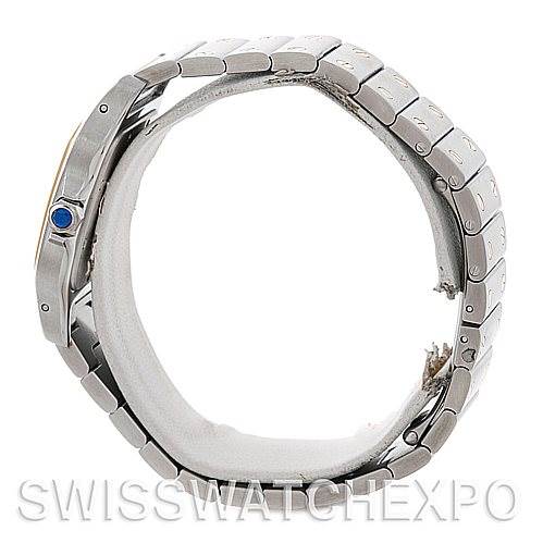 This image shows a side view of a Cartier Santos W20011C4 Men
s Stainless Steel Silver Dial W20011C4 Men
s Stainless Steel Silver Dial watch, highlighting the bracelet and crown.