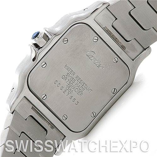 The image shows the back case and part of the bracelet of a Santos model by Cartier.