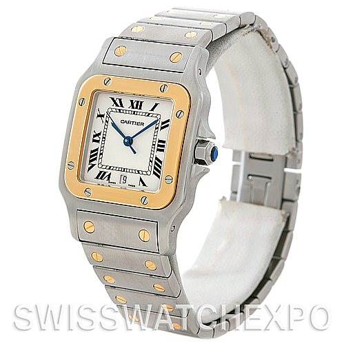The image shows a front-side view of a Cartier Santos W20011C4 Men
s Stainless Steel Silver Dial W20011C4 Men
s Stainless Steel Silver Dial watch, highlighting its metal bracelet, square dial, and blue cabochon crown.