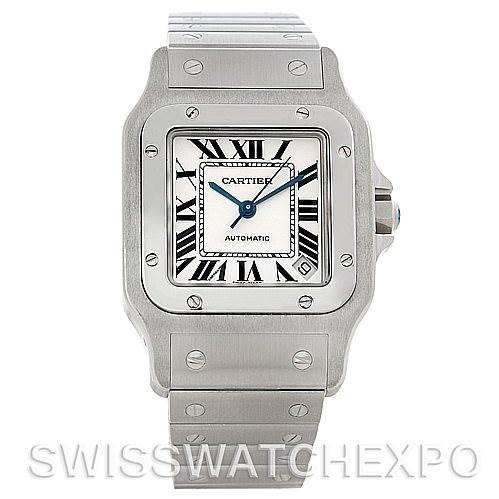 The image shows a frontal view of the Cartier Santos W20098D6 Men
s Stainless Steel Silver Dial W20098D6 Men
s Stainless Steel Silver Dial watch, highlighting the face, bezel, and part of the bracelet.