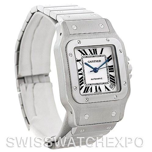 The Cartier Santos W20098D6 Men
s Stainless Steel Silver Dial W20098D6 Men
s Stainless Steel Silver Dial watch is shown from an oblique angle, highlighting its face, bezel, and bracelet.
