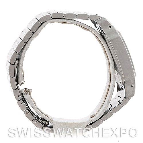 The image shows a side view of a Santos model watch by Cartier, highlighting the case and bracelet.