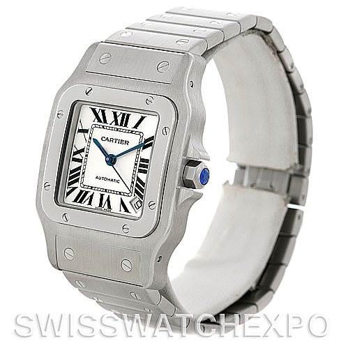 The image shows a close-up of the Cartier Santos W20098D6 Men
s Stainless Steel Silver Dial W20098D6 Men
s Stainless Steel Silver Dial watch, highlighting its face, bezel, and bracelet, angled slightly to the left.