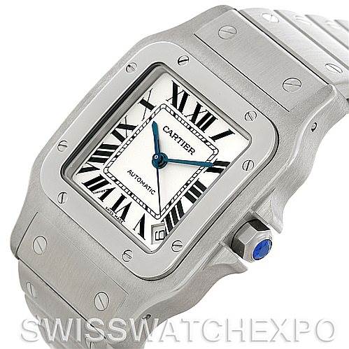 This image shows the Cartier Santos W20098D6 Men
s Stainless Steel Silver Dial W20098D6 Men
s Stainless Steel Silver Dial watch from a top-angle, highlighting the face, bezel, crown, and bracelet.