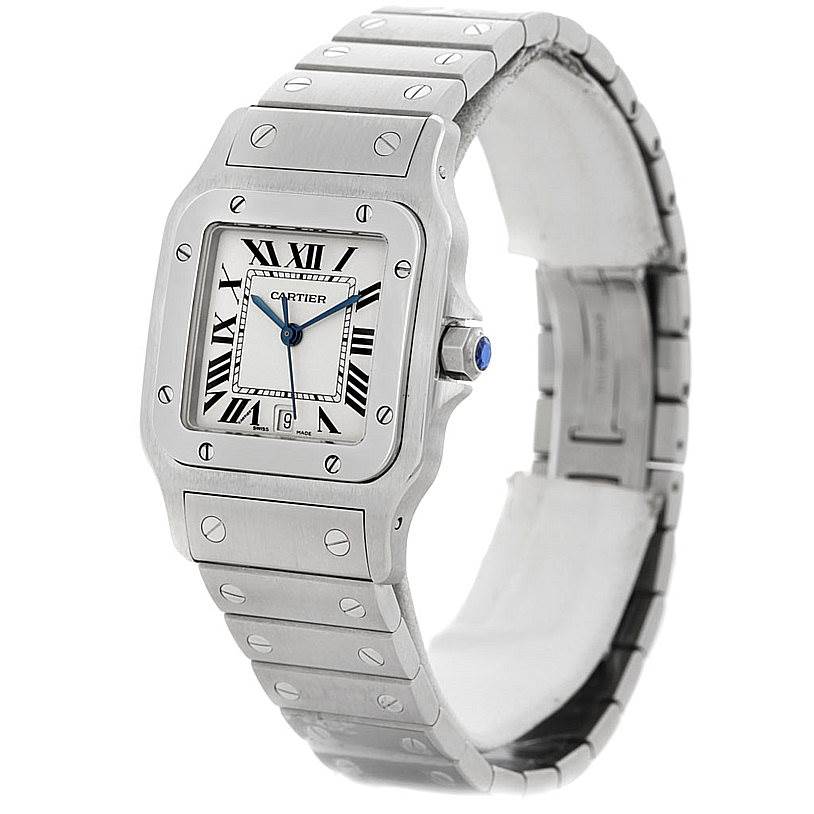 The image shows a front three-quarter view of the Cartier Santos W20060D6 Men
s Stainless Steel Silver Dial W20060D6 Men
s Stainless Steel Silver Dial watch, highlighting the face, bezel, and bracelet.