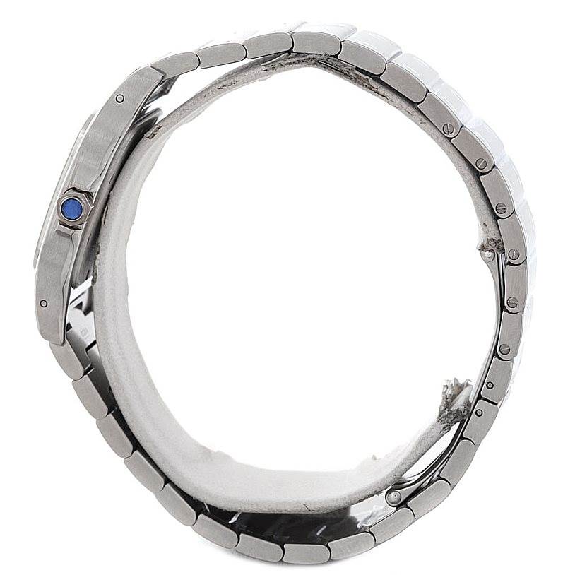 This side-angle view of the Cartier Santos W20060D6 Men
s Stainless Steel Silver Dial W20060D6 Men
s Stainless Steel Silver Dial watch displays its metal bracelet and crown with a blue cabochon.