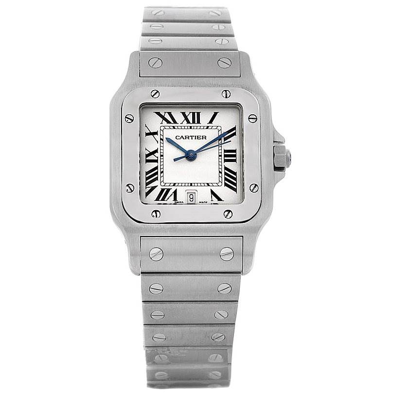 This image shows a front view of a Cartier Santos W20060D6 Men
s Stainless Steel Silver Dial W20060D6 Men
s Stainless Steel Silver Dial watch, displaying its square face, Roman numerals, and metal bracelet.