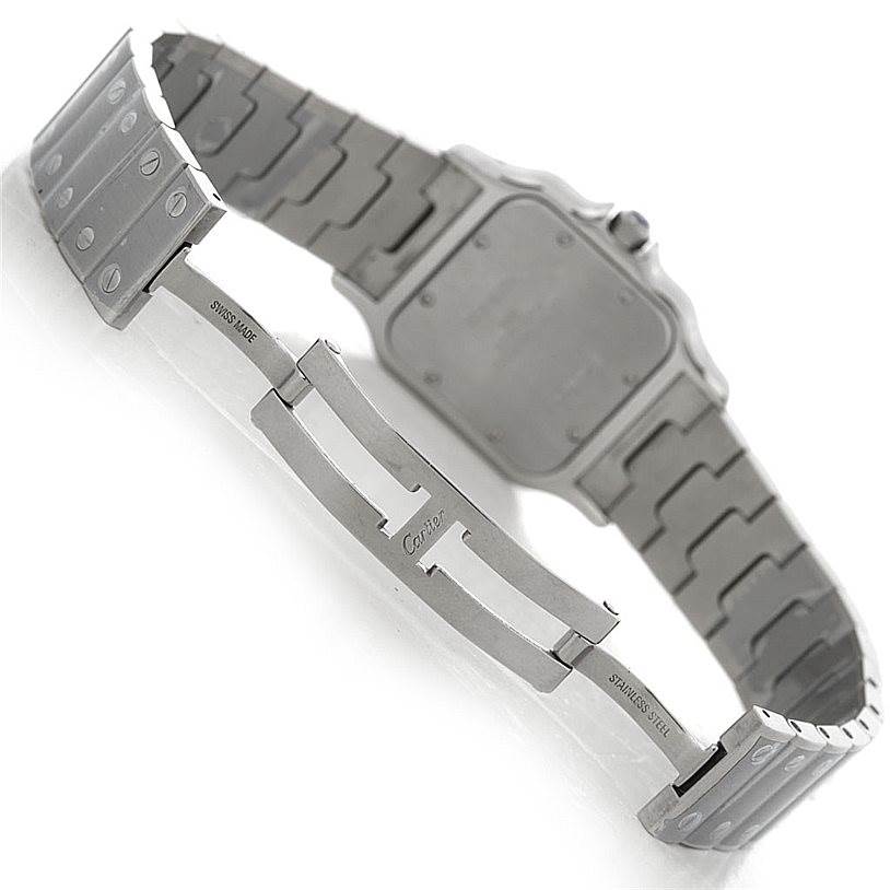 The image shows the back view and clasp mechanism of the Cartier Santos W20060D6 Men
s Stainless Steel Silver Dial W20060D6 Men
s Stainless Steel Silver Dial model watch.