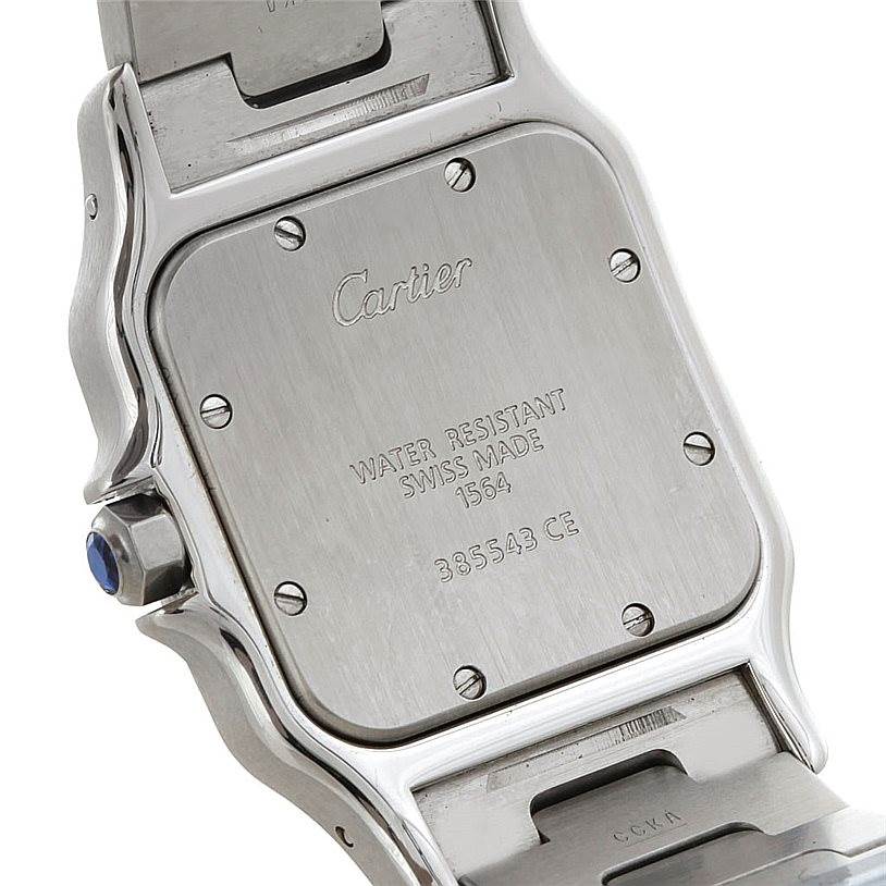 This image shows the back of a Cartier Santos W20060D6 Men
s Stainless Steel Silver Dial W20060D6 Men
s Stainless Steel Silver Dial watch, highlighting the case, screws, and part of the bracelet.