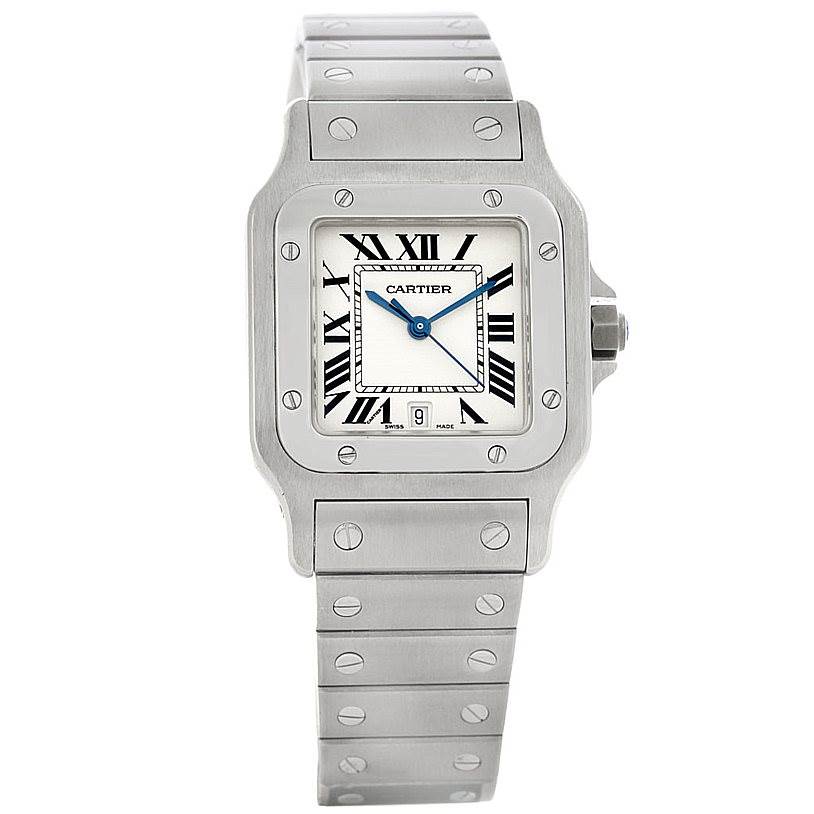 The Cartier Santos W20060D6 Men
s Stainless Steel Silver Dial W20060D6 Men
s Stainless Steel Silver Dial watch is shown from a front angle, displaying the face, bezel, crown, and bracelet.