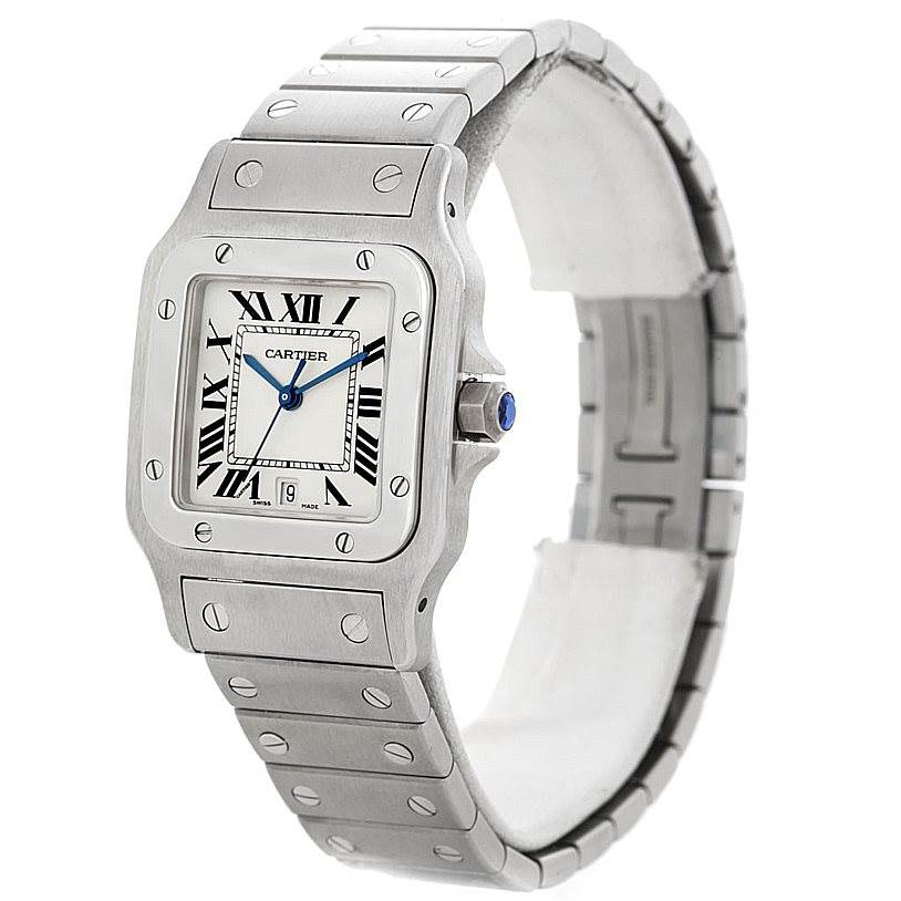 The image shows a side angle of the Cartier Santos W20060D6 Men
s Stainless Steel Silver Dial W20060D6 Men
s Stainless Steel Silver Dial watch, highlighting the face, bezel, crown, and part of the bracelet.