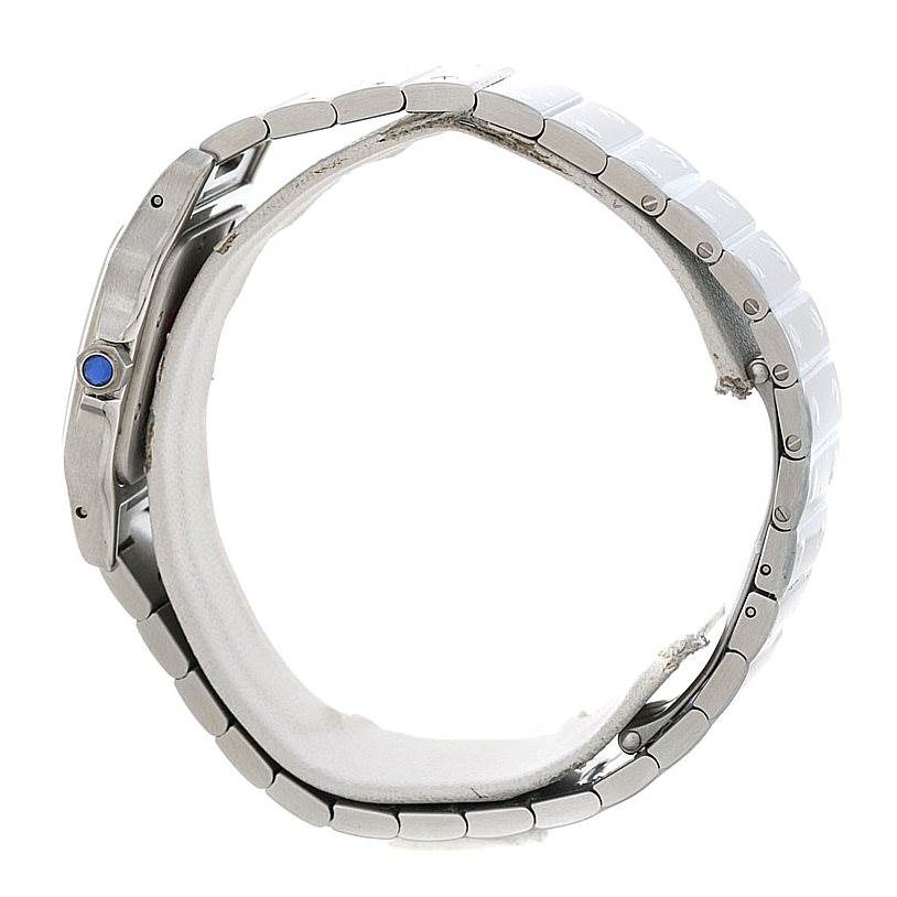 The image shows a side view of the Santos model watch by Cartier, focusing on its metal bracelet and profile.