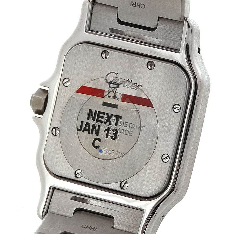The image shows the back case and part of the stainless steel bracelet of a Cartier Santos W20060D6 Men
s Stainless Steel Silver Dial W20060D6 Men
s Stainless Steel Silver Dial watch.
