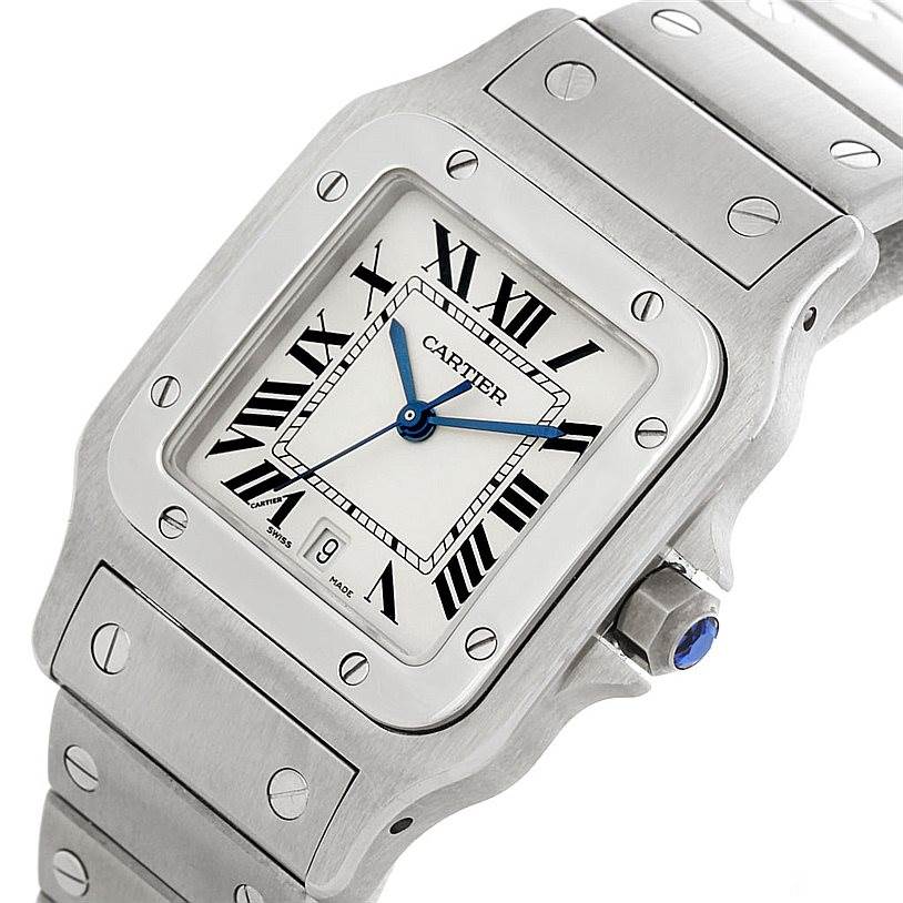 The image shows a close-up of the face and part of the bracelet of a Cartier Santos W20060D6 Men
s Stainless Steel Silver Dial W20060D6 Men
s Stainless Steel Silver Dial watch.