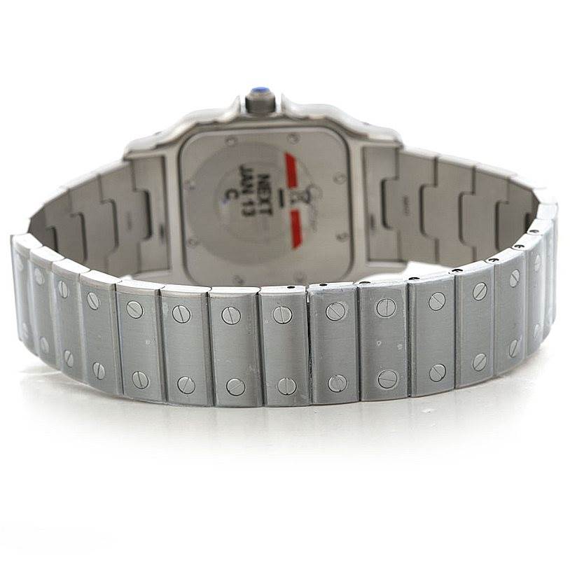 The Cartier Santos W20060D6 Men
s Stainless Steel Silver Dial W20060D6 Men
s Stainless Steel Silver Dial watch is shown from the back, highlighting its case back and bracelet.