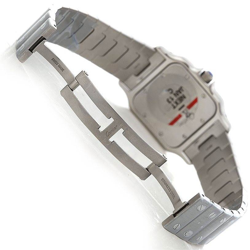 This image shows the back and strap clasp of a Cartier Santos W20060D6 Men
s Stainless Steel Silver Dial W20060D6 Men
s Stainless Steel Silver Dial model watch, highlighting the metal bracelet and deployment clasp.