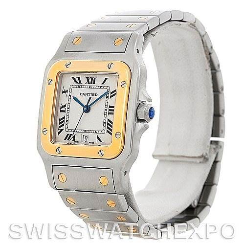 The image shows a Cartier Santos W20011C4 Men's Stainless Steel Silver Dial W20011C4 Men's Stainless Steel Silver Dial watch, angled to display the face, bezel, bracelet, and crown.