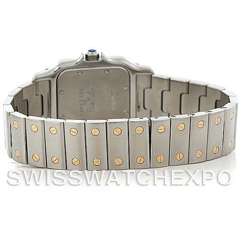 The image shows the back and bracelet of a Cartier Santos W20011C4 Men's Stainless Steel Silver Dial W20011C4 Men's Stainless Steel Silver Dial watch, highlighting the metal design with gold screws.