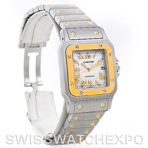 This image shows a Cartier Santos W20058C4 Men
s Stainless Steel Silver Dial W20058C4 Men
s Stainless Steel Silver Dial watch at an oblique angle, highlighting the face, bezel, and bracelet.