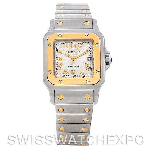 The image shows a front view of the Cartier Santos W20058C4 Men
s Stainless Steel Silver Dial W20058C4 Men
s Stainless Steel Silver Dial watch, showcasing the face, bezel, and bracelet.