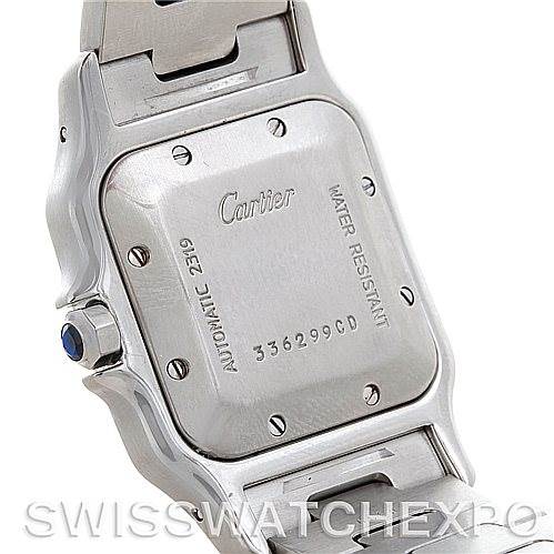 This image shows the back case of a Santos model by Cartier, highlighting the automatic movement and water resistance.