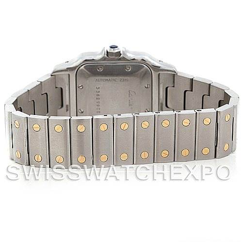 This image shows the back of the Santos model by Cartier, highlighting its bracelet and case back, viewed from the rear angle.
