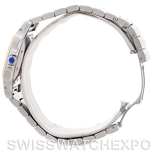 This image shows a side profile of the Santos model by Cartier, highlighting the bracelet and case.