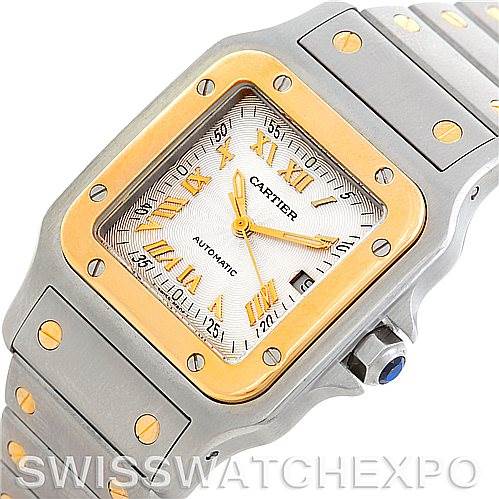 This image shows a close-up, angled view of the Cartier Santos W20058C4 Men
s Stainless Steel Silver Dial W20058C4 Men
s Stainless Steel Silver Dial watch, highlighting the dial, bezel, and part of the bracelet.