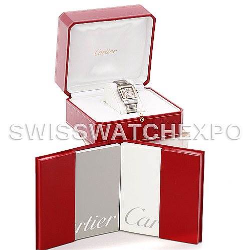 The image shows a Cartier Santos W20058C4 Men
s Stainless Steel Silver Dial W20058C4 Men
s Stainless Steel Silver Dial watch positioned inside an open red Cartier box along with its accompanying manuals.