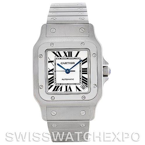 This image shows a front view of a Cartier Santos W20098D6 Men
s Stainless Steel Silver Dial W20098D6 Men
s Stainless Steel Silver Dial watch, highlighting its face, bezel, and bracelet.