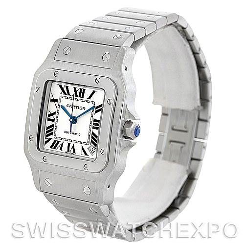 This image shows a Cartier Santos W20098D6 Men
s Stainless Steel Silver Dial W20098D6 Men
s Stainless Steel Silver Dial watch from a three-quarter angle, displaying the face, case, bezel, and bracelet.