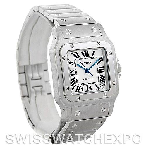 This image shows a front angle of the Cartier Santos W20098D6 Men
s Stainless Steel Silver Dial W20098D6 Men
s Stainless Steel Silver Dial watch displaying its face, bezel, and bracelet.