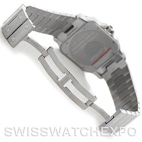 The image shows the back view and clasp mechanism of a Santos model watch by Cartier.
