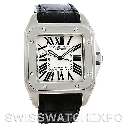 This is a front view of a Cartier Santos W20073X8 Men's Stainless Steel Silver Dial W20073X8 Men's Stainless Steel Silver Dial model watch, showing its square face, stainless steel case, and black leather strap.