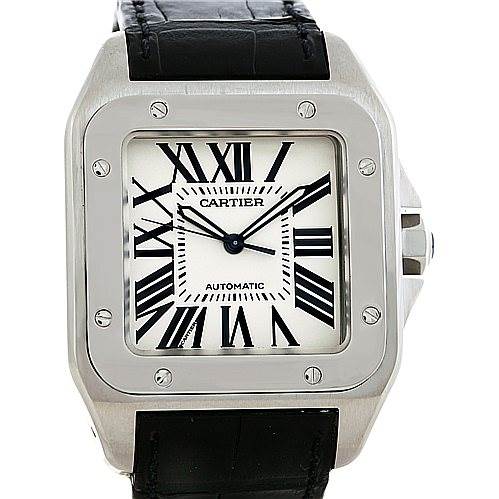 The image shows a front view of a Santos model by Cartier, featuring a square dial with Roman numerals and a black leather strap.