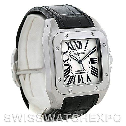 This image shows a Santos model by Cartier from an angled side view, highlighting the face, bezel, and black leather strap.